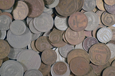 A large number of old Soviet coins of different denominationsの写真素材
