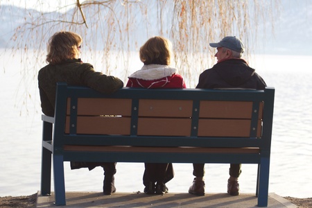 Famiily of three sitting on a park bench, photographed from behind in sinlight/の写真素材