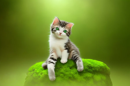 Cute little kitten sitting on grass over green background with copy spaceの写真素材