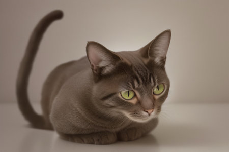 Portrait of a cat with green eyes on a gray background.の写真素材