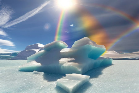 Icebergs and rainbow in arctic landscape. 3d renderの写真素材