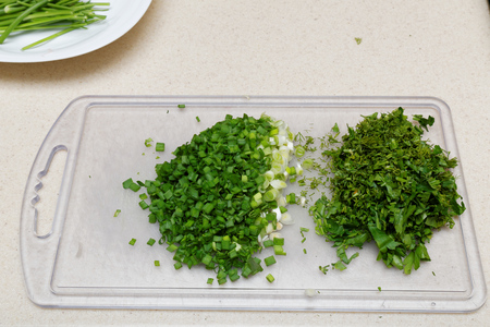 Cutting green onion, parsley and dillの写真素材