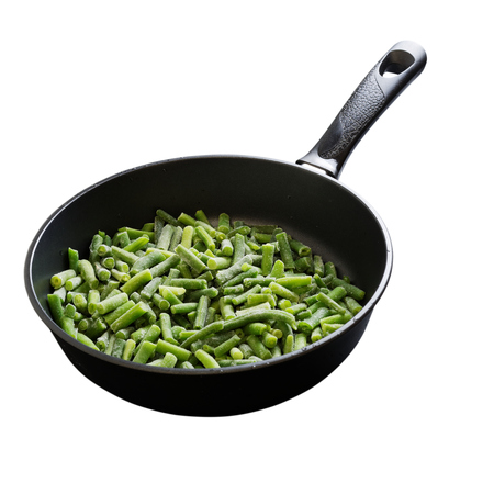 Cuted green french bean on the black pan ready for frying. Isolated on white.の写真素材