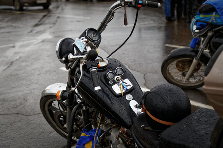 Ulyanovsk, Russia - October 15, 2016: Motorcycle with raindrops on the rainy city streetのeditorial素材