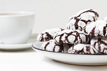 Closeup homemade chocolate crinkles cookies powdered sugar on white wooden table. Shallow focus.の写真素材