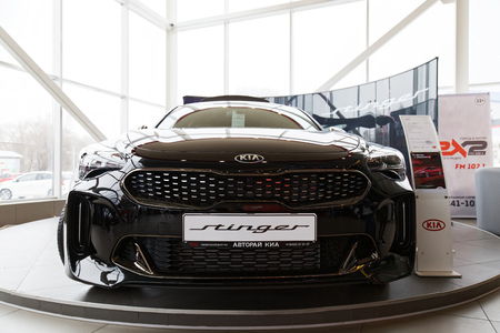 Ulyanovsk, Russia - April 01, 2018: New 2018 Kia Stinger car presented in the showroom of car center.のeditorial素材