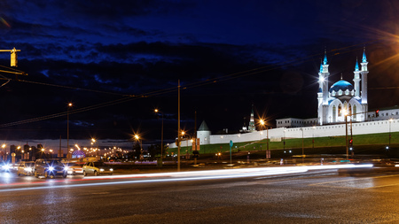 Kazan, Tatarstan, Russia - June 10, 2018. Night street wits light trails in front of Kazan Kremlin and Kul Sharif mosqueのeditorial素材
