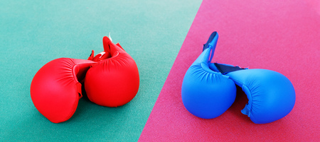 Red and blue karate gloves lies on the ringの写真素材