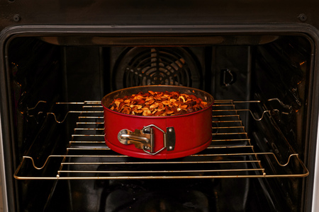 Freshly made homemade nuts cake in the domestic oven. Shallow focus.の写真素材