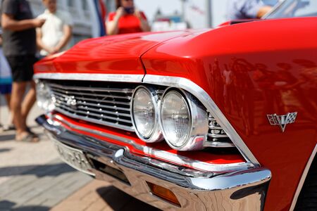 Ulyanovsk, Russia - July 27, 2019: Fragment of vintage retro car Chevrolet Chevelle Malibu at the "Retrospective 2019" auto festival - an auto show with free entrance, where owners of old cars demonstrated their cars.のeditorial素材