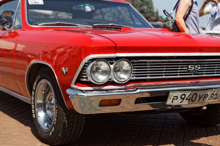 Ulyanovsk, Russia - July 27, 2019: Fragment of vintage retro car Chevrolet Chevelle Malibu at the "Retrospective 2019" auto festival - an auto show with free entrance, where owners of old cars demonstrated their cars.のeditorial素材