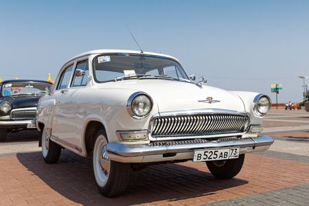 Ulyanovsk, Russia - July 27, 2019: Vintage retro car Volga GAZ-21 at the "Retrospective 2019" auto festival - an auto show with free entrance, where owners of old cars demonstrated their cars.のeditorial素材