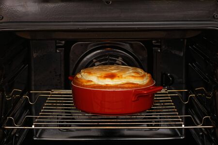 Homemade pastry.  Cottage cheese cheesecake in red ceramic bow cooked in the domestic oven. Shallow focus.の写真素材