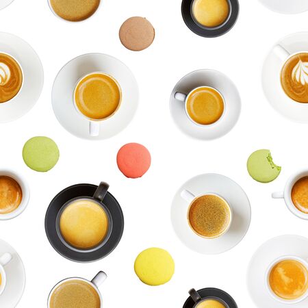 Cups of coffee and macaroon cookies on a white background. Seamless pattern.の写真素材