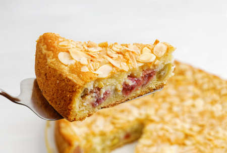 Closrup piece of homemade gooseberry pie garnished with almond petals. Shallow focus.の写真素材