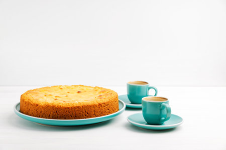 Homemade pie and two cups of coffee espresso on white wooden table. Copyspace.
