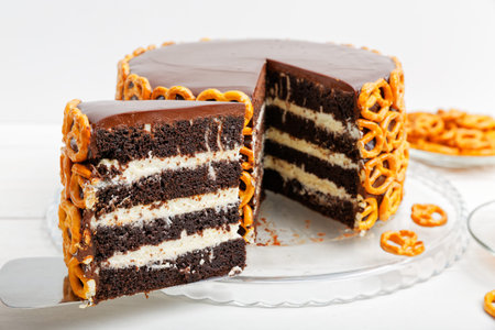 Closeup Piece of Homemade Chocolate Cake Decorated with Cookies. Shallow focus.