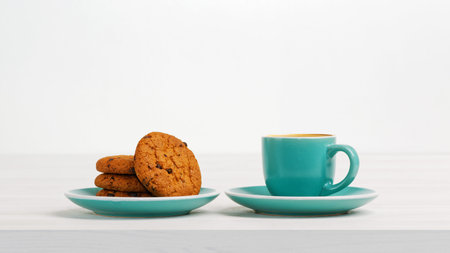 Oatmeal cookies with chocolate crumb and cup of coffee espresso on white wooden table. Front view....