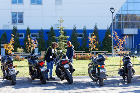 Ulyanovsk, Russia - October 9, 2021 Motorcyclists on the street of the city.のeditorial素材