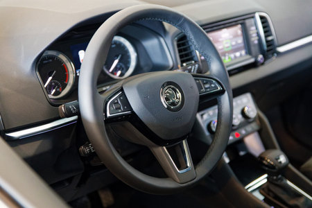 Ulyanovsk, Russia - February 15, 2020: Steering wheel and interior of a car Skodaのeditorial素材
