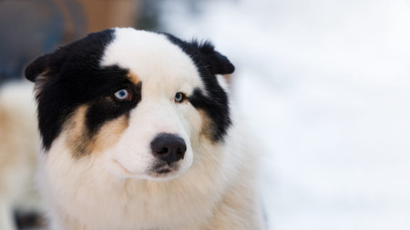 Closeup portrait of Husky dog with on blurred background. Shallow focus. Copyspace.の写真素材