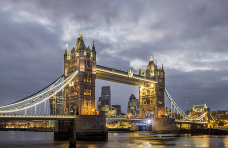 Tower Bridge and the River Thames at nightの写真素材