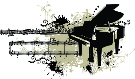 Grunge vector illustration of a piano with splotches, stains and note staffのイラスト素材