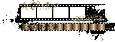 A grungy strip of old film arranged on a grungy and messy background with paint splotches and arabesquesのイラスト素材