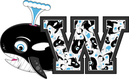 W is for Whale Alphabet Learning Illustrationのイラスト素材