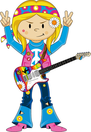 Cute Cartoon Flower Power Hippie Guitaristのイラスト素材