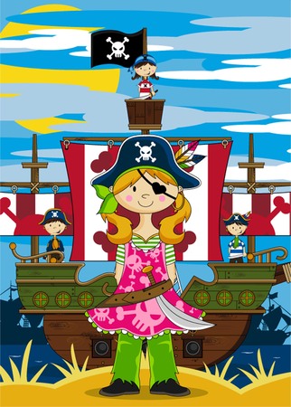 Cartoon Pirate Girl and Shipのイラスト素材