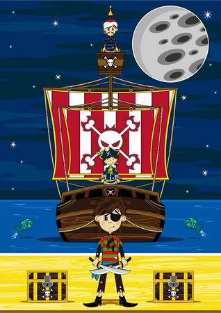 Cartoon Pirate Girl and Shipのイラスト素材