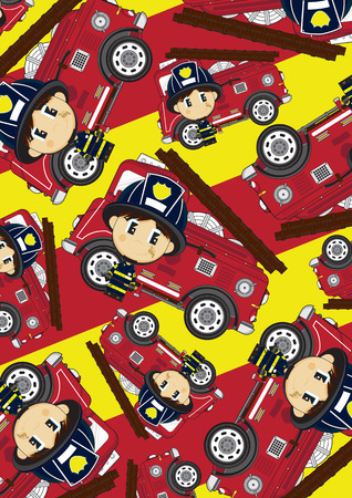 Cartoon Big Head Fireman and Fire Engine Patternのイラスト素材