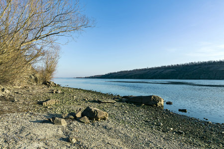 Beach on the shore of the island Khortytsyaの写真素材