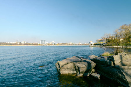 Coast on the island of Khortytsyaの写真素材