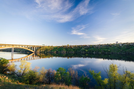 The Dnieper bank. Bridge of the Transfiguration of Zaporozhyeの写真素材