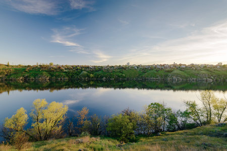 The Dnieper bank. Sunset of Zaporozhyeの写真素材