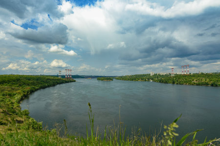 Landscape of the banks of the Dnieper before the rainの写真素材
