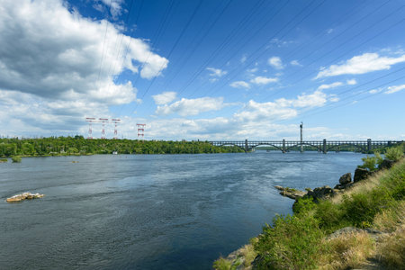 Landscape of the river Dnepr and boatsの写真素材