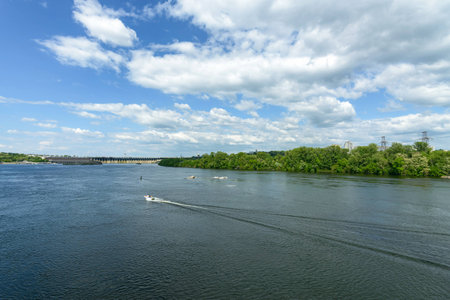 Landscape of the river Dnepr and boatsの写真素材