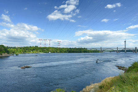 Landscape of the river Dnepr and boatsの写真素材