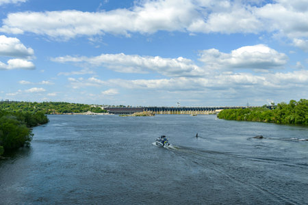 Landscape of the river Dnepr and boatsの写真素材