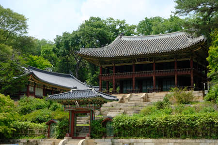 Seoul South Korea - Gyeongbokgung Palace area with garden and outhousesのeditorial素材