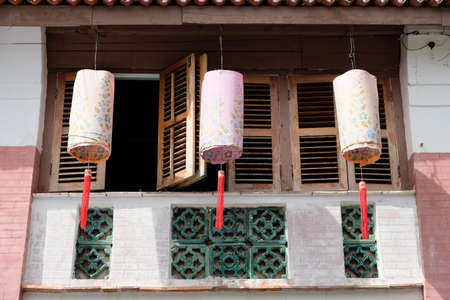 Penang George Town Malaysia - Colonial house facade decorated with hanging Chinese lanternsのeditorial素材