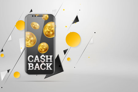 Inscription Cash Back, an image of a smartphone and emblem on a white background. Business concept,...