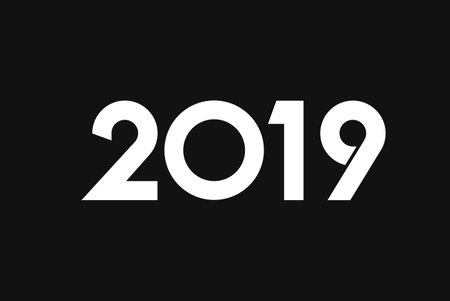 Creative background, numbers 2019 and festive confetti, spiral ribbons on a dark background. Happy...