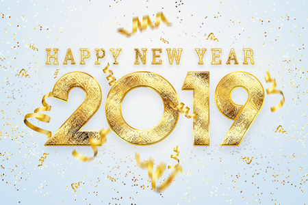 Creative background, 2019 Happy new year. Gold Numbers Design of greeting card of. Gold Shining Pattern. Happy New Year Banner with 2019 Numbers on a light background. Confetti, copy space.の写真素材