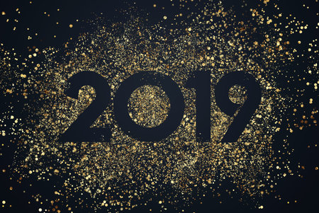 Creative background, numbers 2019 and festive confetti, spiral ribbons on a dark background. Happy...