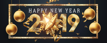 Creative background, 2019 Happy new year. Gold Numbers Design of greeting card of. Gold Shining Pattern. Happy New Year Banner with 2019 Numbers on a dark background. Confetti, copy space.の写真素材