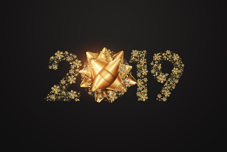 Creative background, 2019 Happy new year. Gold Numbers Design of greeting card of. Gold Shining Pattern. Happy New Year Banner with 2019 Numbers on a dark background. Confetti, copy space.の写真素材